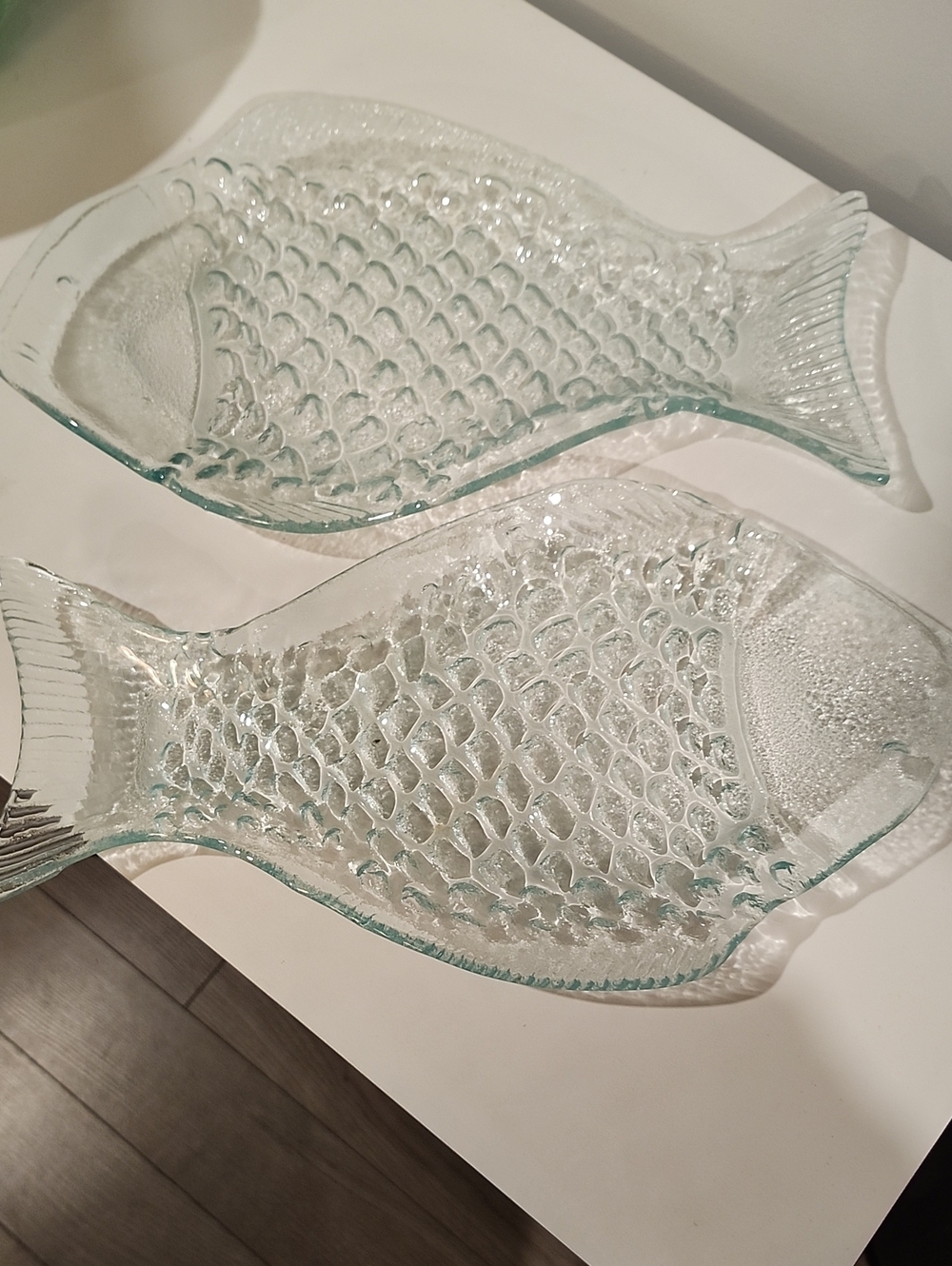 Green Colored Clear Glass Fish-Shape. Serving Tray - Clear Set Of 2